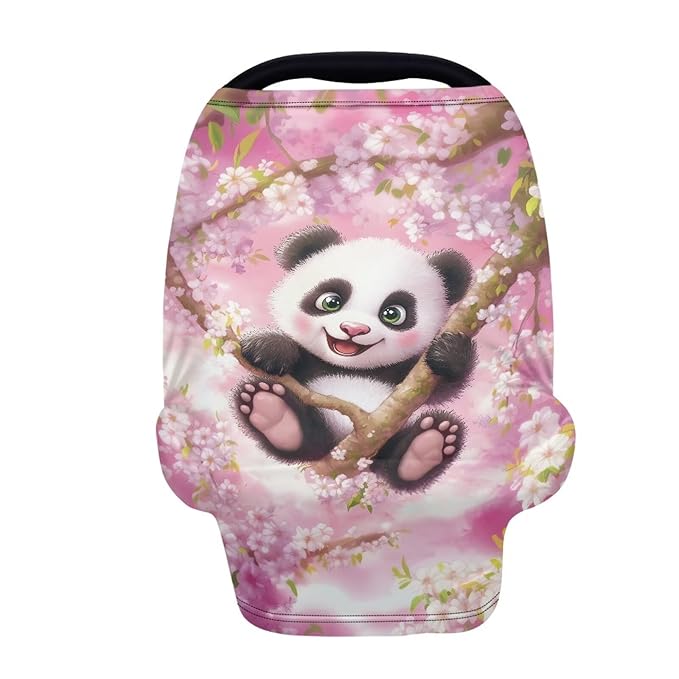Biyejit Cherry Blossom Panda Baby Car Seat Cover, Infant Carseat Canopy, Nursing Breastfeeding Cover, Stretchy Carrier Covers for Stroller/Shopping Cart, Newborn Registry & Shower Gift for Boys Girls