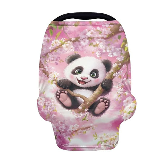 Biyejit Cherry Blossom Panda Baby Car Seat Cover, Infant Carseat Canopy, Nursing Breastfeeding Cover, Stretchy Carrier Covers for Stroller/Shopping Cart, Newborn Registry & Shower Gift for Boys Girls