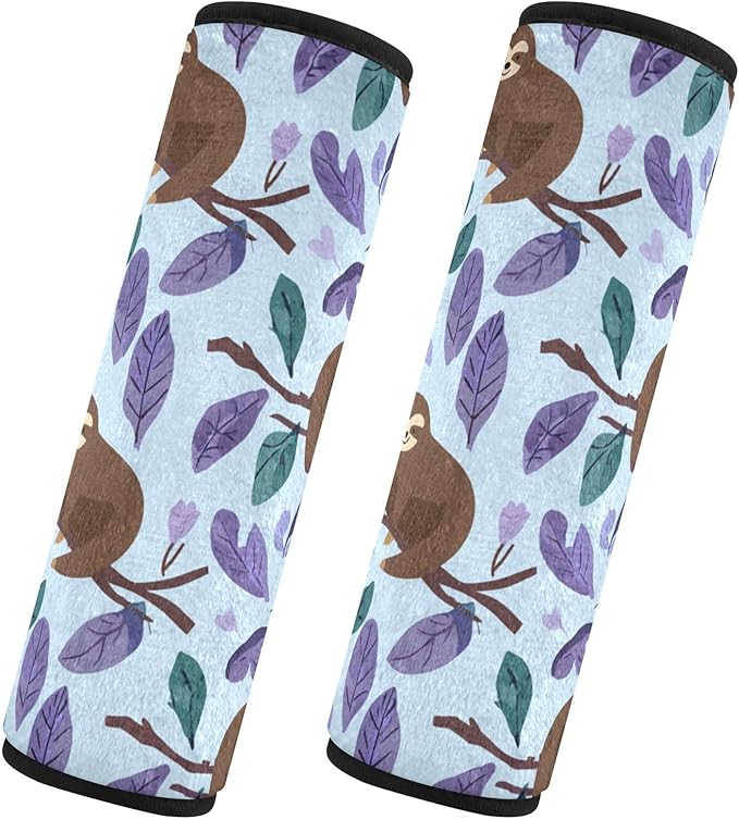 2 Pack Seatbelt Covers Seat Belt Cover Pad for Adults Boys Girls Car Seat Strap Covers Pads Cushion Universal Shoulder Strap Pad Protector for Backpack Camera Bag 6.5 Inch Cartoon Sloths Branch Purple