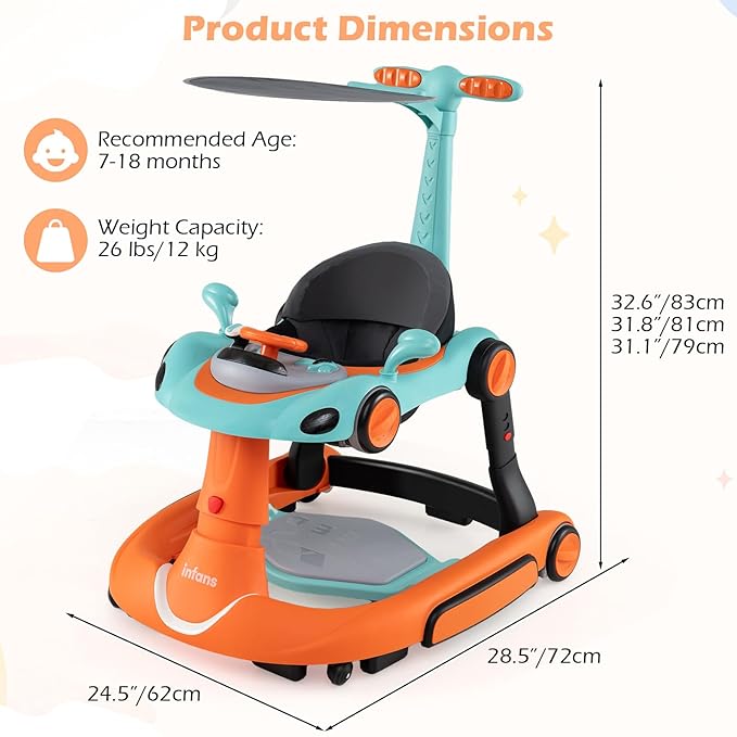 INFANS 6-in-1 Foldable Baby Walker, Converts Push Car to Bouncer, Rocker with Music, Lights, Adjustable Height & Speed, Activity Center, Canopy for 7-18 Months (Orange)