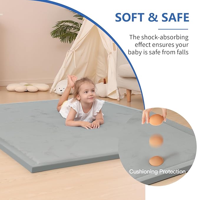 Huloo Sleep Baby Play Mat for Floor,1.3" Thick Elasti-Foam 50x50 Playpen Mat for Toddlers Infant Kids,Water-Repellent Soft Coral Velvet Tummy Time Mat,Non Slip Crawling Mat,Tatami Mat(Light Grey)