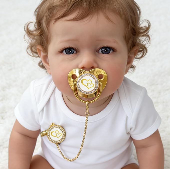 Bling Baby Gift Pacifier BPA Free M(6-18m)，Luxury Box Package Newborn Rhinestone Pacifier with Metal Chain Clip (Gold Heart)