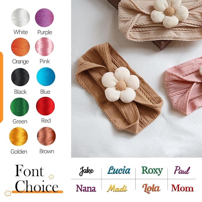 Ulico Custom Baby Girls Headband,Personalized Girls Headband with Name,Girls Embroidered Headbands,Newborn Headbands with Flower（2 Pack）