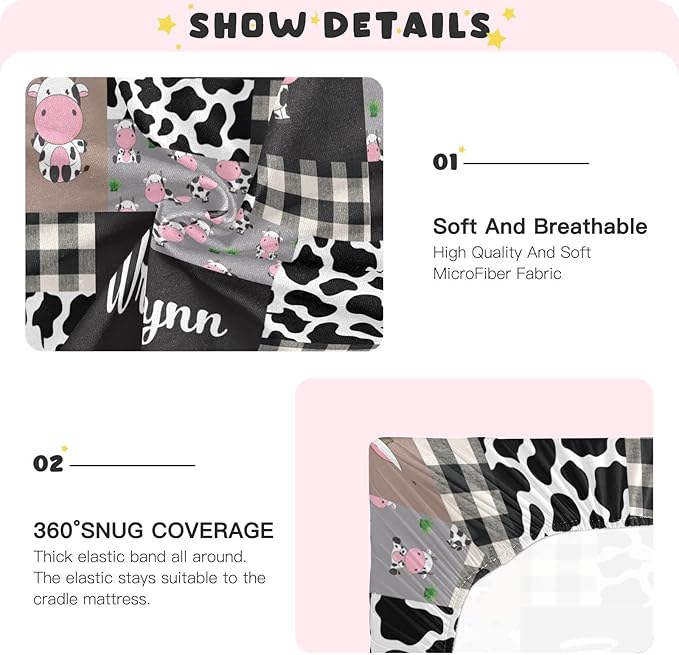 Personalized Pack and Play Sheets with Name, Custom Name Baby Mini Crib Sheets for Baby Boys Girls, Name Pack n Play, Fitted Sheet with Name, Soft and Breathable Material (Cute Cow)