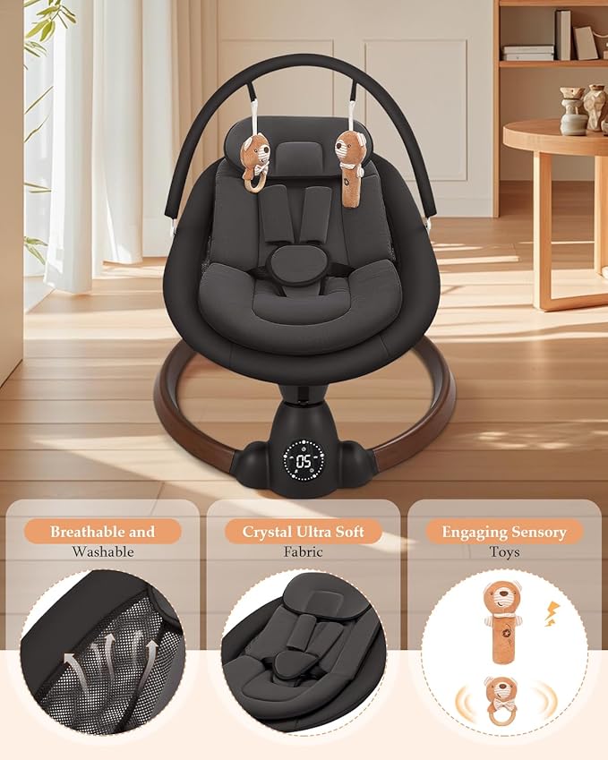 Baby Swing for Infants, Electric Baby Swing with Bluetooth, Portable Infant Swing with 5 Speeds, 10 Lullabies, 5-Point Harness & Remote Control, for Newborns Infants Indoor Outdoor Use (Black)