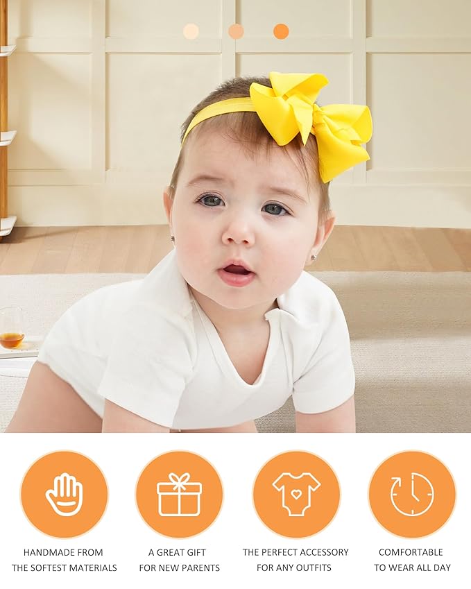 jollybows 40pcs Baby Girls Grosgrain Ribbon Hair Bows Headbands 4" Elastic Hair Band Hair Accessories for Infants Newborn- Natural Color Set