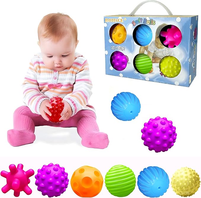 Sensory Balls for Babies 6-12 Months, 6 Pack Soft Textured Montessori Baby Sensory Toys, Squeeze & Grasp Toddler Balls for 1-3, Bright Color Multi Ball Set, Christmas Stocking Stuffers