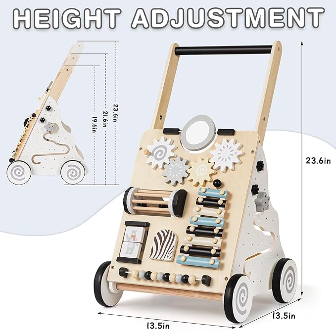 HUZU Wooden Baby Walker with Wheels, Montessori Push and Pull Activity Center for Toddlers, Adjustable Height & Speed, Learning Toy for 6-12 Months 1-3 Years Old Boys and Girls (Nature Wood)