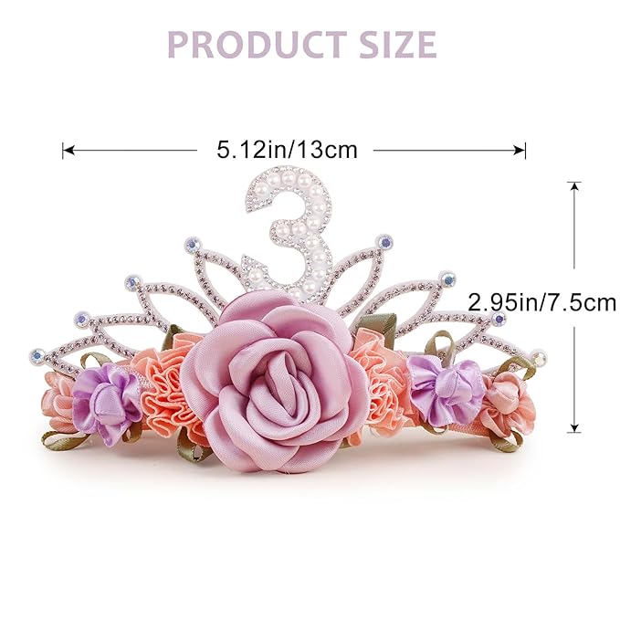 cherrboll Flower Headband Birthday Crown for Girl, Floral Nylon Hairband for 1-3 Years Old Toddler, 3rd Birthday Party Dress Photo Decoration Hair Accessory