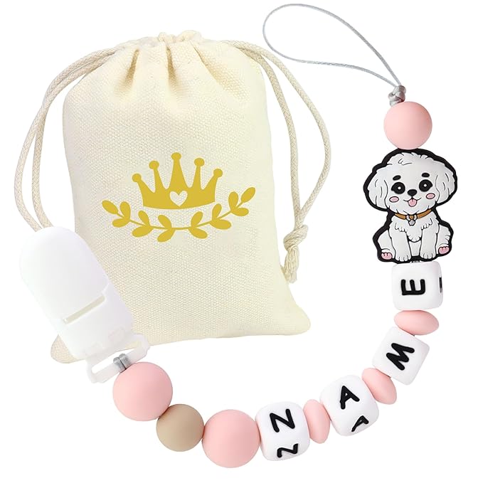 Personalized Pacifier Clip with Name, Custom Animal Pacifier Clip for Baby, Personalized Silicone Pacifier Holder - Boy and Girl Gift (Light Pink)