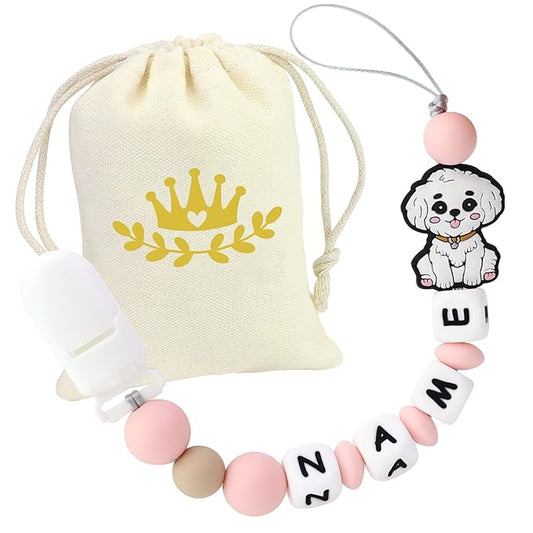 Personalized Pacifier Clip with Name, Custom Animal Pacifier Clip for Baby, Personalized Silicone Pacifier Holder - Boy and Girl Gift (Light Pink)