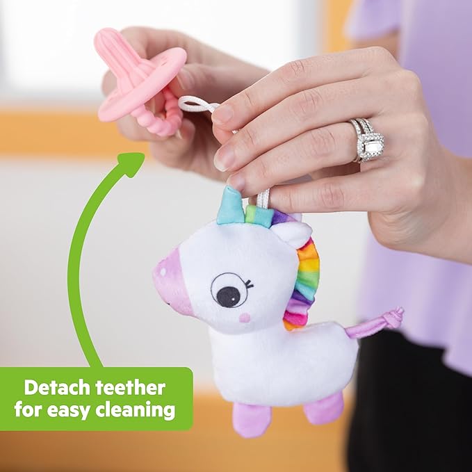 Bright Starts SootheMate Plush Baby Teether Toy, Unicorn, Detachable Pacifer-Shaped Teether for Newborns & Up