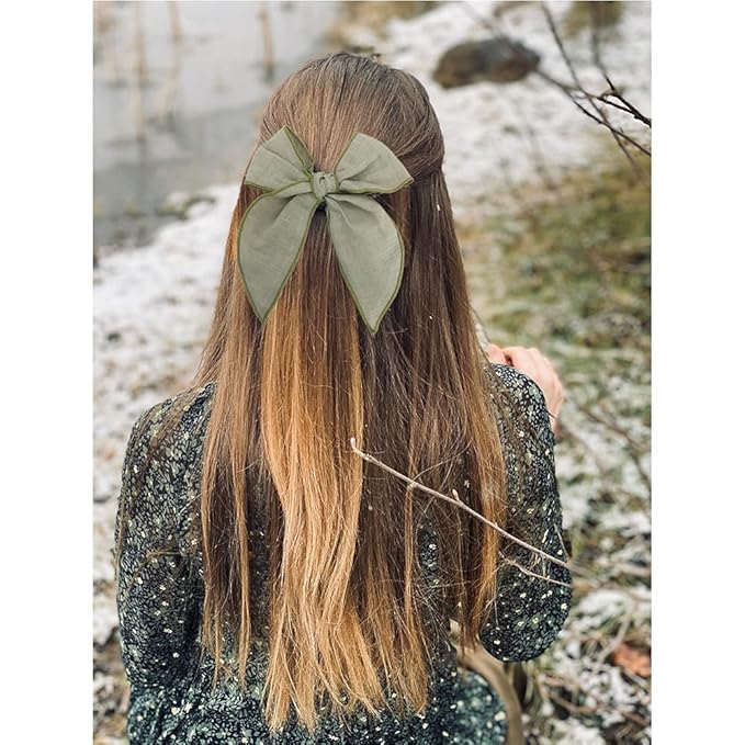 Pack of 4 Gorgeous Fable Bow Hair Clips for Girls Women Linen Hair Bow Alligator Clips Toddler Baby Mom Young Girl Hair Accessories (Olive)