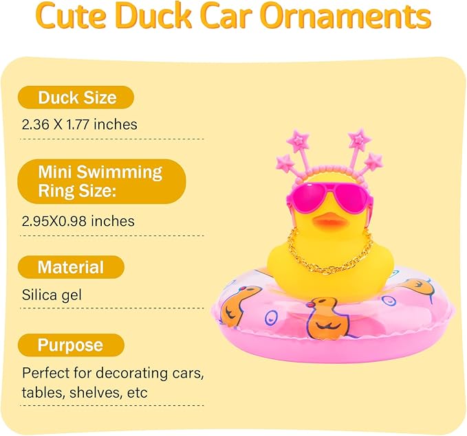 wonuu Car Duck Rubber Duck Car Ornaments Duck Car Dashboard Decorations with Cute Headband Swim Ring Necklace Sunglasses, B-Pink Star Headband