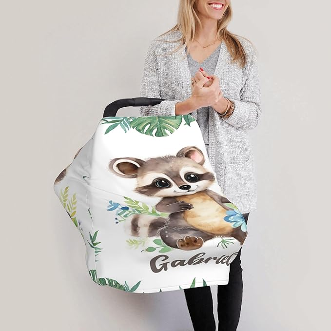 Personalized Car Seat Covers for Babies with Name – Multi-use Breastfeeding Cover Custom Raccoon Carseat Canopy Cover, Infant Stroller Covers for Boys and Girls