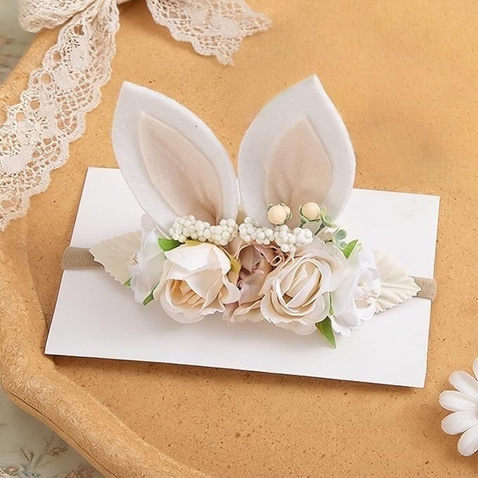 KIDOCHEESE Baby Girl Floral Easter Bunny Ears Headband Rabbit Ears Nylon Hairband for Newborn Infant Toddler Easter Hair Accessories Gift