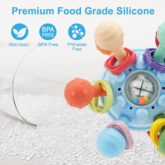 Easter Baby Teething Toys for 0-6 6-12 Months, Food Grade Teether Sensory Toys, Infant Sensory Chew Rattles Toys, Perfect Baby Easter Basket Stuffers & Easter Gifts