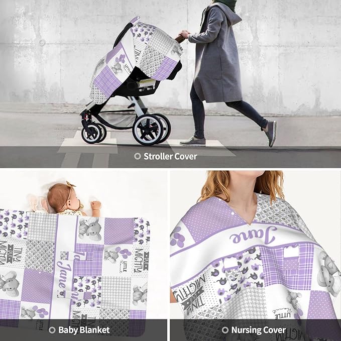 Personalized Minky Car Seat Canopy for Girl Boy, Custom Name Stroller Car Seat Covers Cover for Infant Newborn Shower Gift, Nursing Opening Carseat Cover for Breastfeeding, Elephant Purple