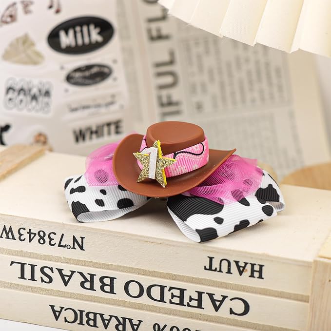 YanJie 3.5’’ Birthday Hair Bow for 1 Year Old Cowgirl Hat Bow Headbands for Girls Newborn Hair Accessories Rodeo Outfit for Girl Birthday Gifts