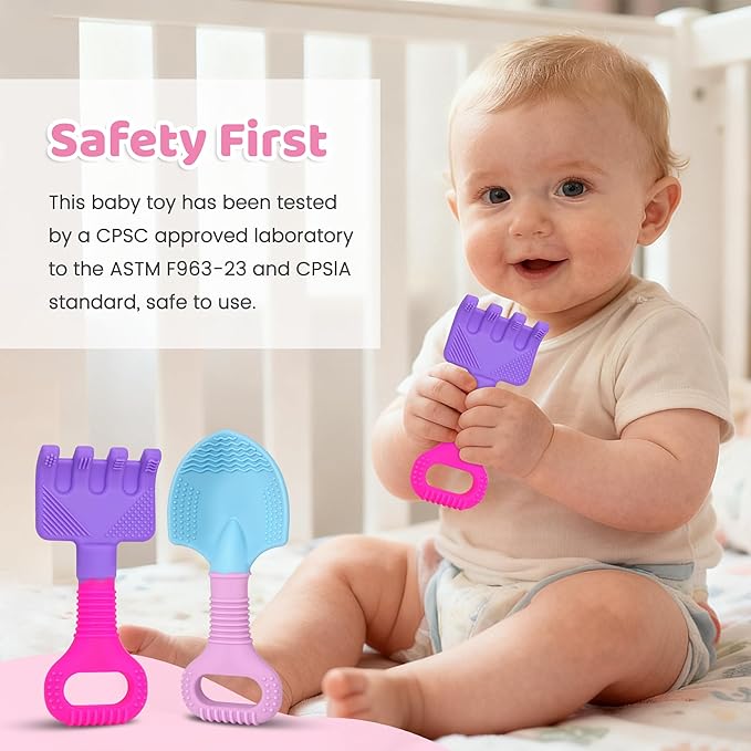 Baby Teething Toys, Baby Teether Toys Shovel & Rake Silicone Teethers for Babies 0-6 Months 6-12 Months, Multi-Texture Gum Massage Teething Relief Easy Grip for Infants Newborn Toddler, 2 Pack