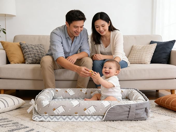 Baby Lounger for Newborns & Infants 0–24 Months, 100% Cotton Breathable Infant Support Cushion with Adjustable Size, Portable Baby Nest for Home and Travel, Baby Shower Gift (Elephant Grey)