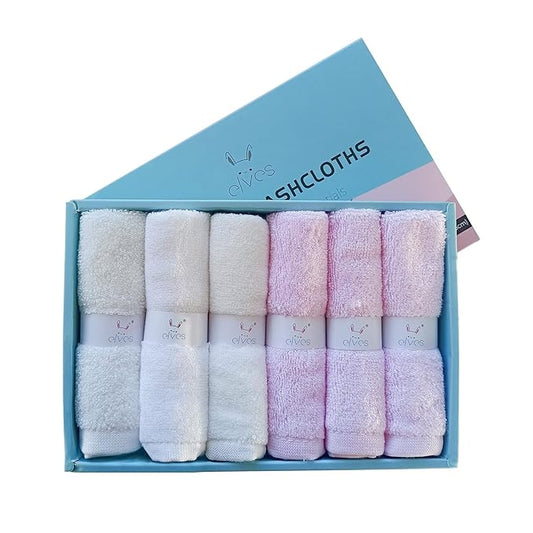 elves Bamboo Viscose Washcloth Baby Set of 6 - Ultra Soft Wash Cloths for Face and Body - Small Face Towel for Baby Girl (White&Pink)