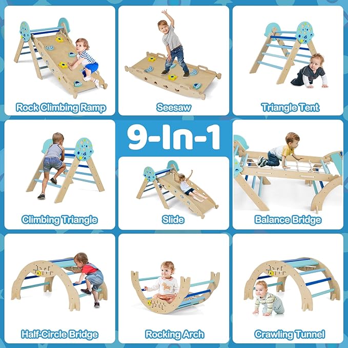 Costzon Pikler Triangle Set, 9-in-1 Foldable Baby Climbing Toys, Wood Montessori Climbing Set for Learning and Motor Skills, Indoor Playground Jungle Gym for Toddlers 3+ Climber Gifts (Blue)