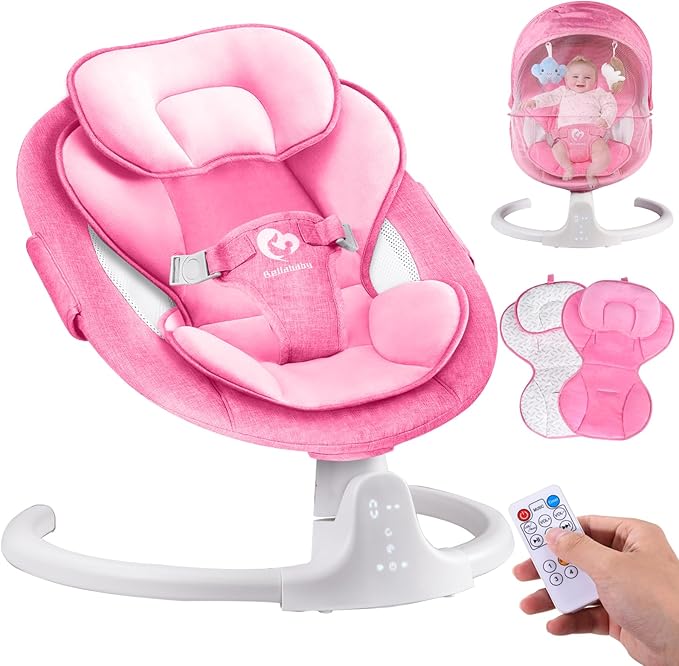 Bluetooth Baby Swing for Infants, Compact & Portable Baby Swing for Girl, 3 Seat Positions, 5 Swing Speed, 10 Music, Remote Control, USB Plug-in Power, Reversible Cushion for All Seasons