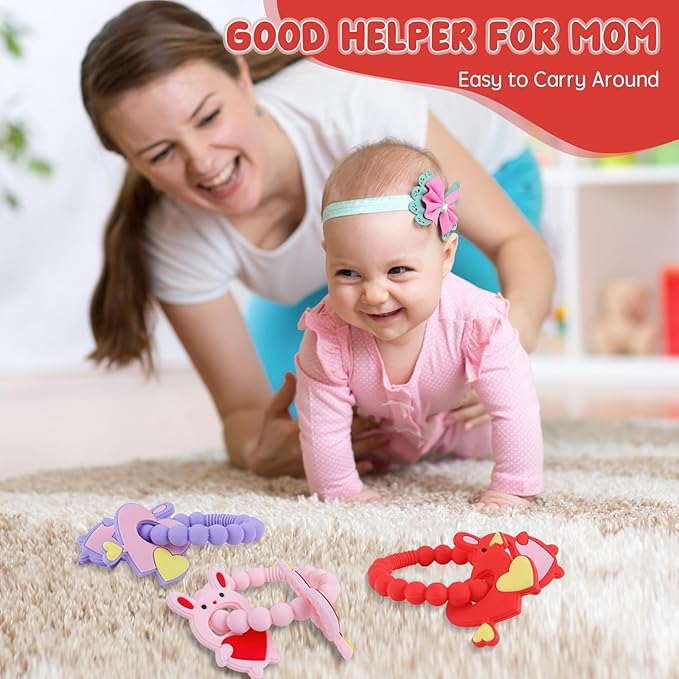 Valentine Teething Toys, Silicone Baby teethers 0-6 Months Easy for Little Hands to Hold, Cupid and Heart Rabbit for Valentine's Day Baby Teething Toys