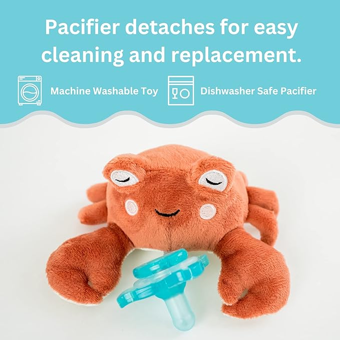 PaciBuddy Crab Pacifier Holder - Plush Toy with Detachable Pacifier & Universal Adapter, Gender Neutral Baby Gift for 0+ Months - Infant Plush Baby Toy, Versatile Baby Essentials, Binky