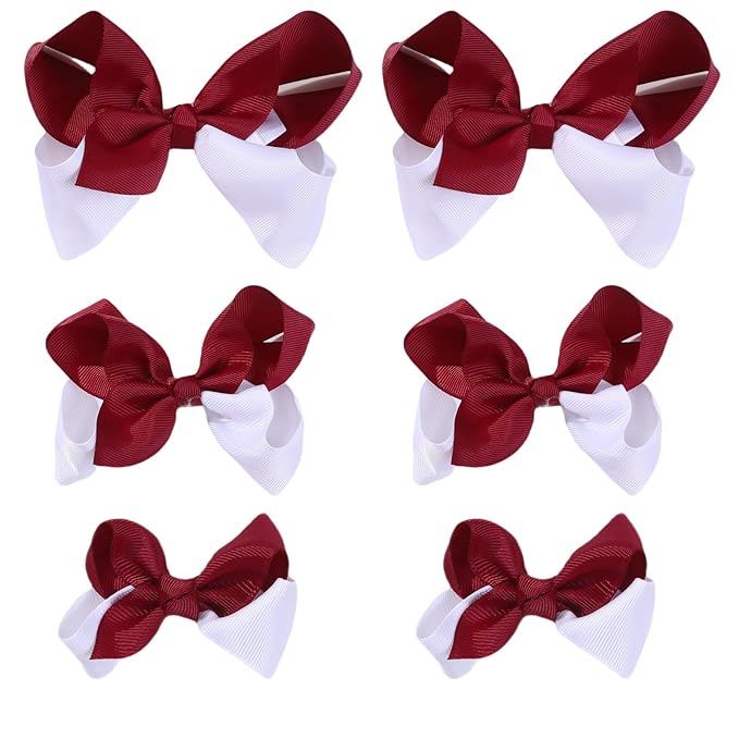Maroon and White Bows for Girls,6PCS Hand-made Grosgrain Ribbon Hair Bows Alligator Clips Hair Accessories for Little Teen Toddler Girls Kids (Maroon/White)