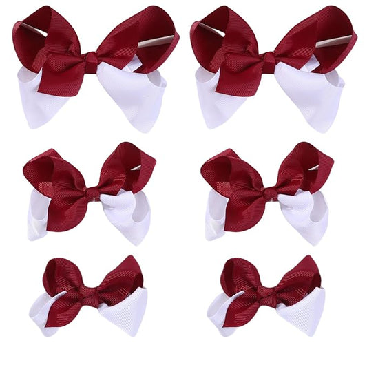 Maroon and White Bows for Girls,6PCS Hand-made Grosgrain Ribbon Hair Bows Alligator Clips Hair Accessories for Little Teen Toddler Girls Kids (Maroon/White)