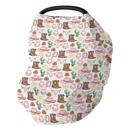 Pink Western Cowgirl Baby Car Seat Covers for Girl Cute Cowgirls Boots Hat Horse Cactus Sun Cow Skulls Stretchy 5-in-1 Cover Country Adjustable Car Canopy Cover Wild West Breathable Nursing Cover-Up