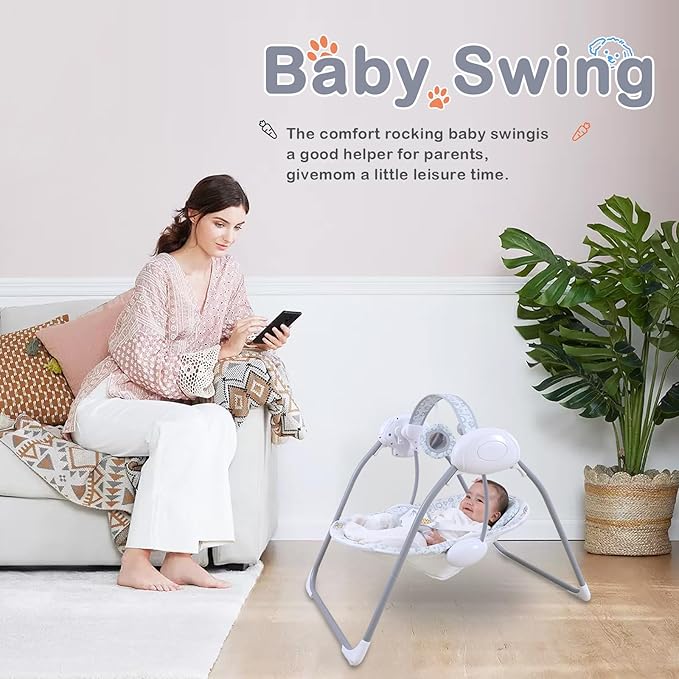 Baby Swing for Infant,Newborn Swing with Music,5 Speed Levels,Timing Setting,Soft Cushion,Foldable Infant Swing with with Hanging Planets Toy & Mirror for Indoor Outdoor Use 0-9 Months