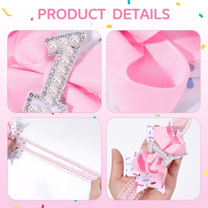 Hair Bows for Baby Girls Birthday - 1st Birthday Baby Girl Headband Sweet Theme with Ice Cream Party, Pink Hair Accessories for Baby Toddler 1 2 3 4 5 6 Years, Outfit & Decorations