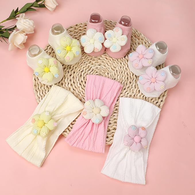 MIUXUESO Baby Girls Headbands and Socks Newborn Flower Hairbands Non-Slip Grips Socks Nylon Hair Accessories Infants and Toddlers (White, 6-12 Months)