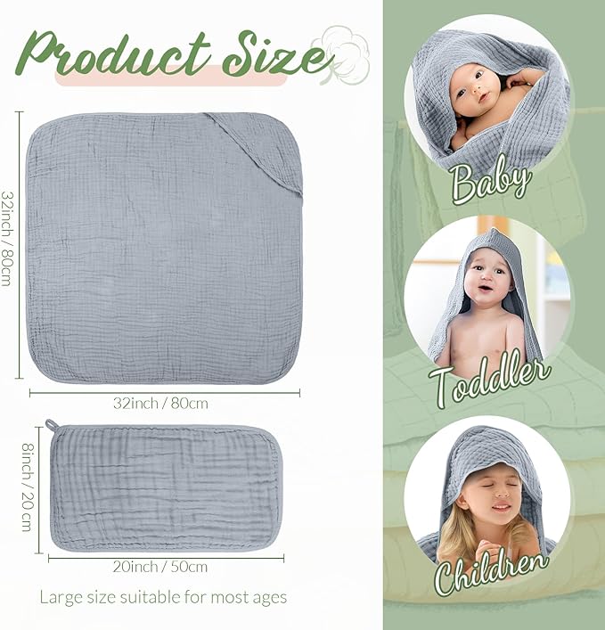 VitalCozy 8 Pcs Baby Muslin Hooded Bath Towels and Washcloths, Muslin Hooded Baby Towels Absorbent Blankets for Gift Newborn Infant Shower (Cream Color)