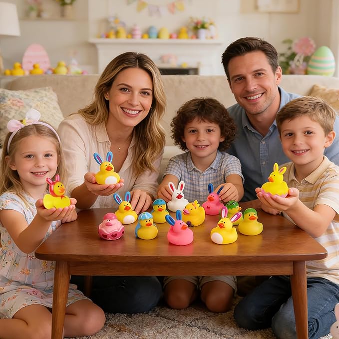 50Pcs Easter Rubber Ducks, Mini 2.1 Inch Bunny Rubber Duckies Bath Toys for Kids, Assorted Float Duck Bulk for Fun Bathtub Duck Toys Easter Ducks for Cruise and Easter Basket Stuffers and Party Favors