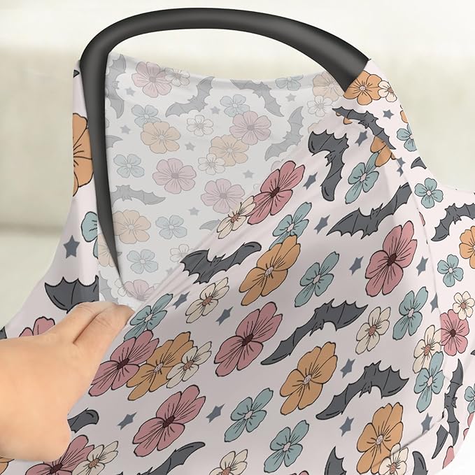 Boho Floral Halloween Bats Baby Car Seat Covers Vintage Fall Autumn Flowers Stretchy 5-in-1 Cover Adjustable Infant Carseat Canopy Cover Spooky Gothic Breathable Nursing Cover-Up