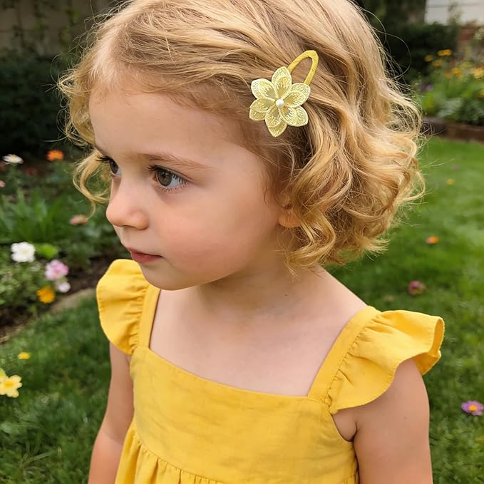 5Pcs Baby Hair Clips for Girls Toddler, 4 Snap Clips + 1 Fully Wrapped Alligator Clip, Soft Creamy Yellow Floral Set with Faux Pearl, Non Slip Toddler Hair Clips Safe for Newborn Infants