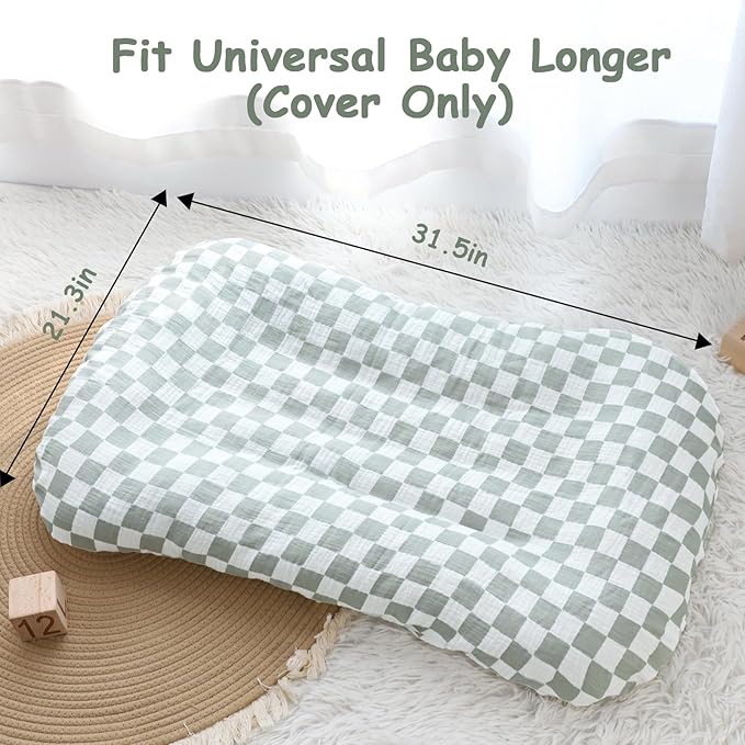 DILIMI Baby Lounger Covers, 2 Pack Muslin Newborn Lounger Cover, Soft Comfortable Removable Infant Pillow Slipcover for Girl and Boy, Green Checkered (Lounger not Included)