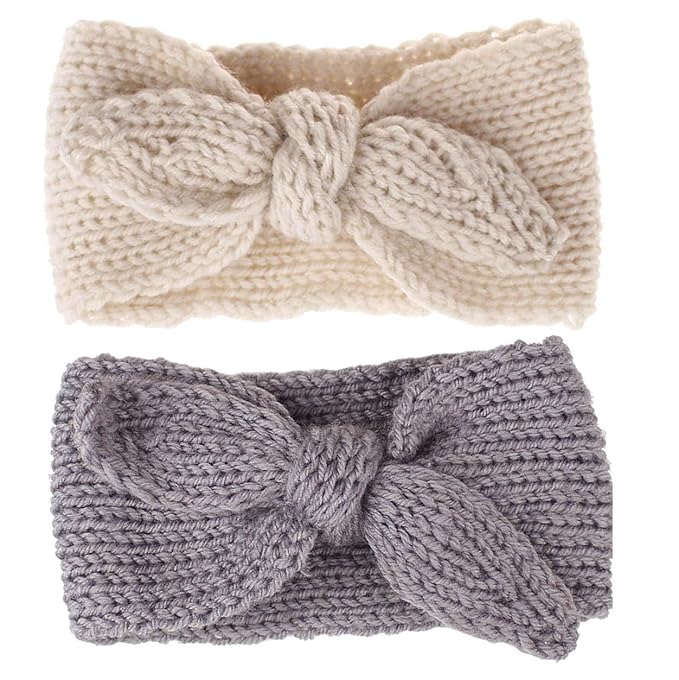 Turban Headband Baby Girl - Warm Rabbit Knot Hair Band Wrap Newborn Toddler Children 2Pcs (Beige+Gray, One Size)