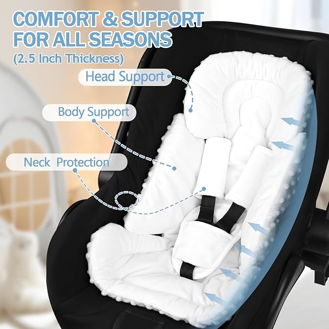 Infant Car Seat Insert Boy Girl, 3 in 1 Newborn Carseat Insert with Strap Pads, Car Seat Head Support for Baby Strollers, Swings, and Bouncers, Comfortable and Machine Washable, White
