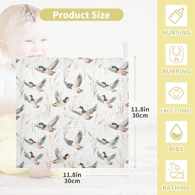 Newborn Face Towel Mallard Ducks Soft Cotton Baby Washcloths 11.8 x 11.8 Inch Infants Girls Boys Muslin Burp Cloths 5 Pack