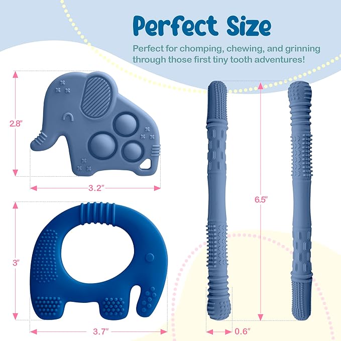 Silicone Baby Teething Toys, Soft Teether Set for Sore Gums, BPA Free Chew Toys for Infants 3+ Months, Textured Teething Relief, Easy Grip Design (Dark Blue)
