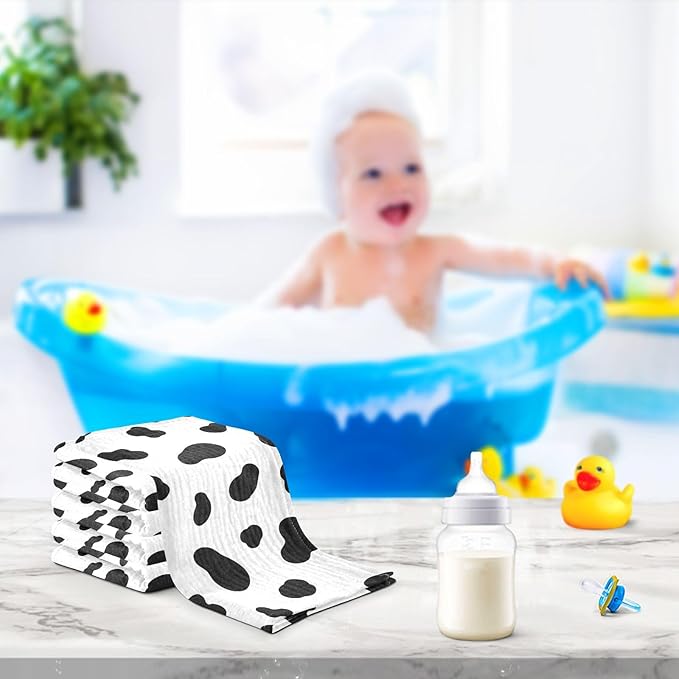 Black White Cow Pattern Baby Muslin Washcloths Burp Cloths Soft Absorbent Baby Wash Cloth Fingertip Face Towels for Newborn Boys Girls 12 x 12 in,3 Pack