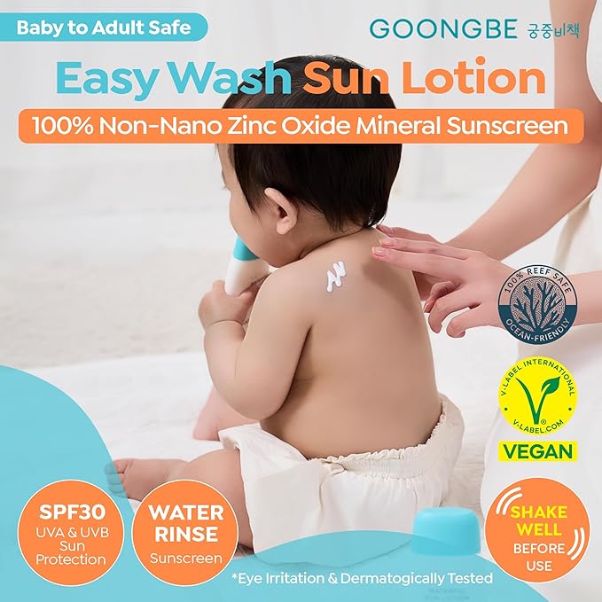 GOONGBE Baby Easy Wash Sun Lotion SPF 30 - Korean Moisturizing Zinc Oxide Mineral Sunscreen for Babies and Kids - Washes Off Easily - Vegan, Reef-Safe, Allergen-Free, 2.11 fl.oz.