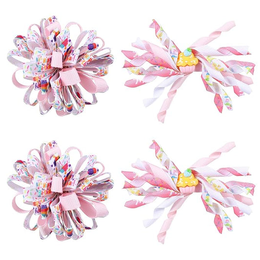 4pcs Happy Birthday Korker Hair Bow Clips for Baby Toddler Girls Ages 1-6, Pink Confetti Sprinkle Curly Ribbon Hairpins Alligator Barrettes,Kids Ice Cream Party Dress Accessory Gift