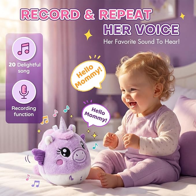 Unicorn Tummy Time Toys for Baby Girl 6-12 Months, Interactive Baby Musical Toys with Remote Control, Volume Adjustable & Mute, 20 Songs, Record & Repeat, Musical Baby Crawling Toys for Infants