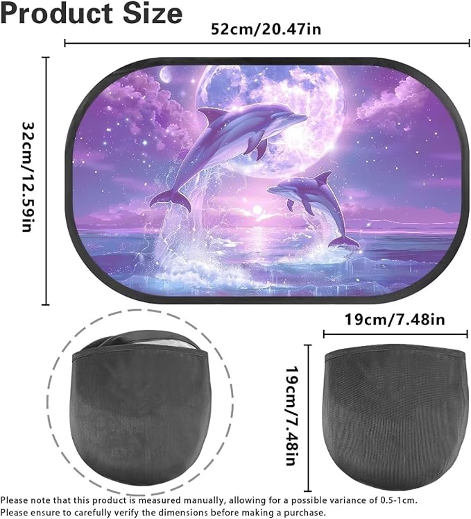 Bulopur Purple Dolphin 2 Pack Back Window Sun Shades for Car Glare Shield Protection Side Window Screens Easy to Install UV Protection Breathable Universal Car Sun Shades